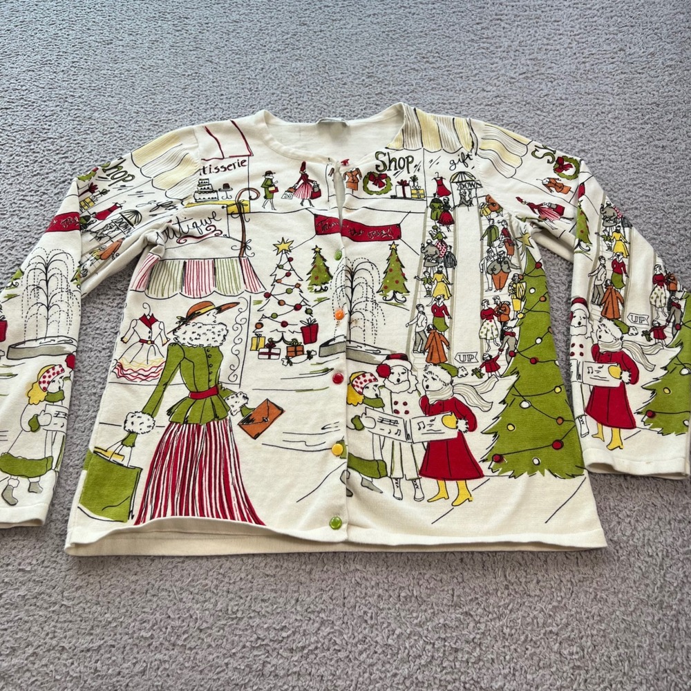 Christopher & Banks Christmas Village Cardigan Sweater Cream Green Red Size S